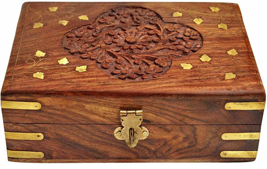 Handcrafted Sheesham Wood Jewellery Box with Floral Carving, Brass Inlay & Lock