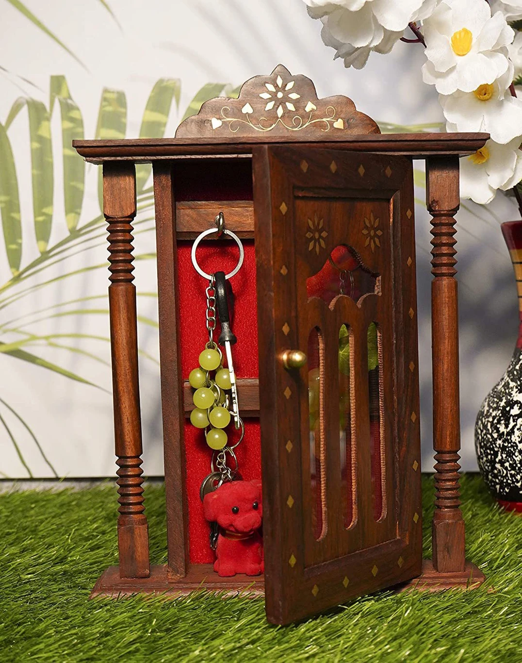 Wooden Handcrafted Key Holder Cabinet – Sheesham Wood Wall Mounted Key Organizer