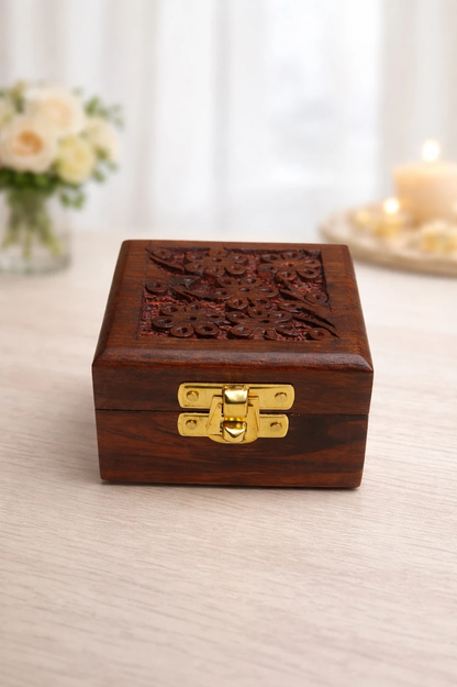 Handcrafted Wooden Carved Storage Box with Brass Lock