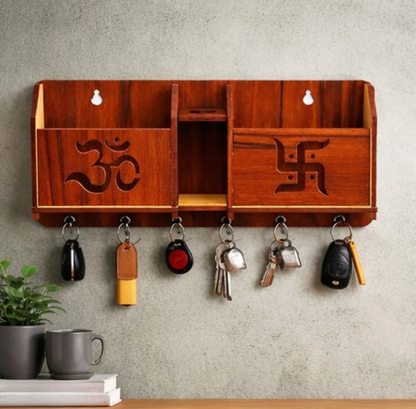Wooden Key Holder with Om & Swastik Design – Wall Organizer with Shelf