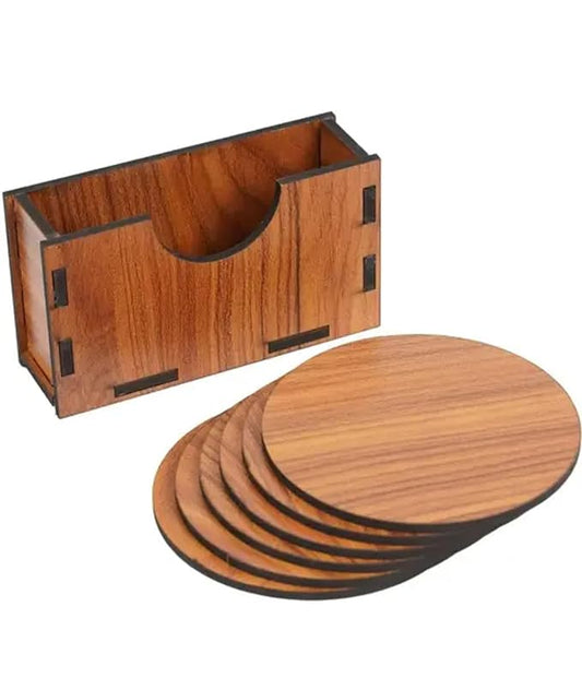 Wooden Coaster Set with Holder, 6 Round Coasters, 10 cm, Brown