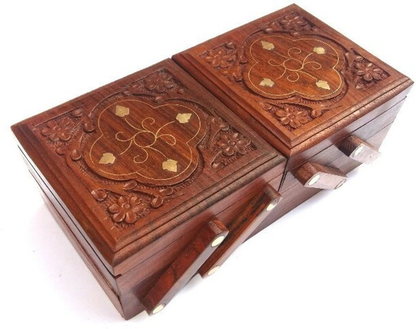 Hand-Carved Sheesham Wood Dual Expandable Jewellery Box with Floral Design