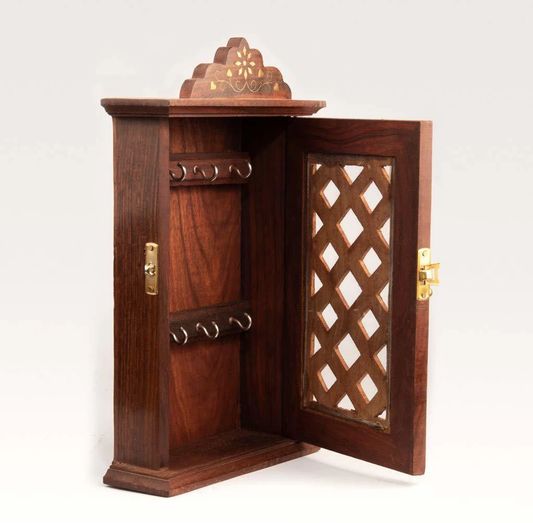Handcrafted Wooden Wall Key Holder Cabinet – Traditional Sheesham Wood Design