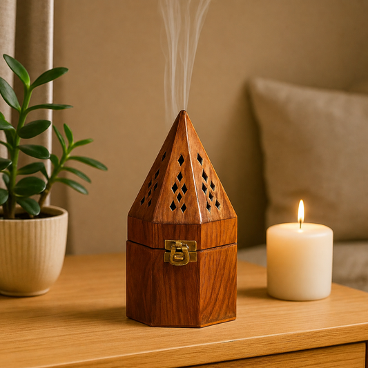 DECORASIA™ Pyramid Wooden Dhoop Dani (Handcrafted Incense Burner for Home & Pooja)
