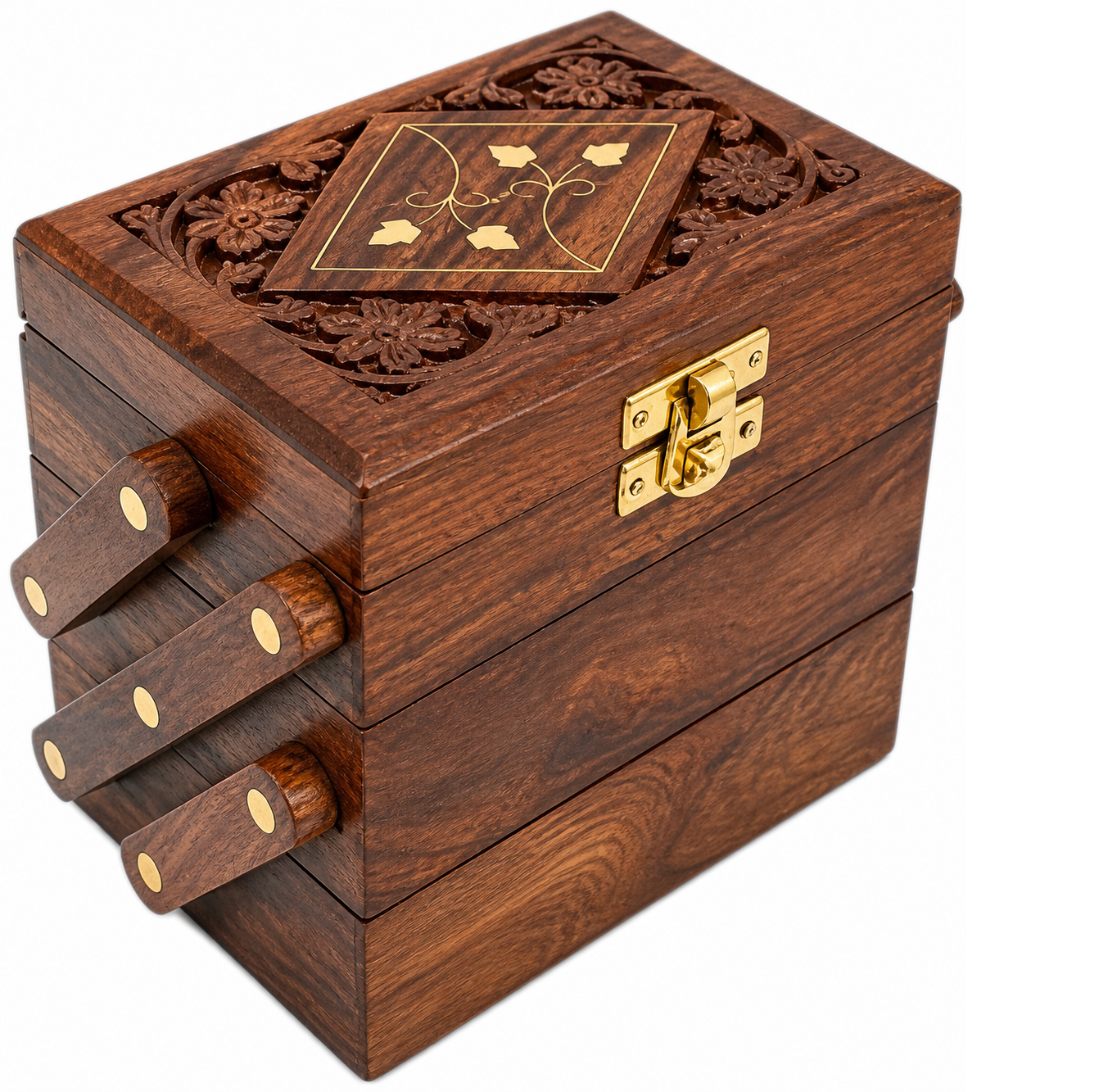 Handcrafted Wooden Jewellery Box with Carved Lid & Storage Drawers