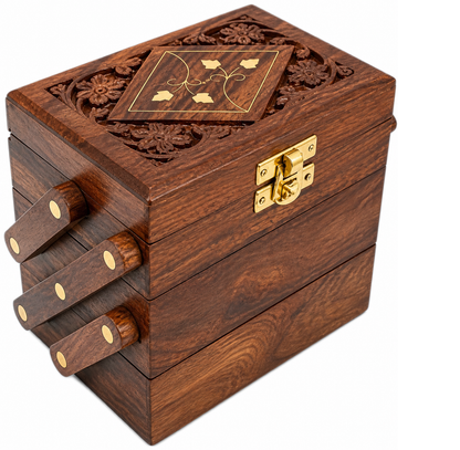 Handcrafted Wooden Jewellery Box with Carved Lid & Storage Drawers