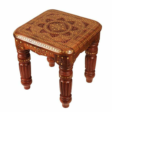 Hand Carved Sheesham Wood Stool with Brass Inlay – Traditional Wooden Accent Table