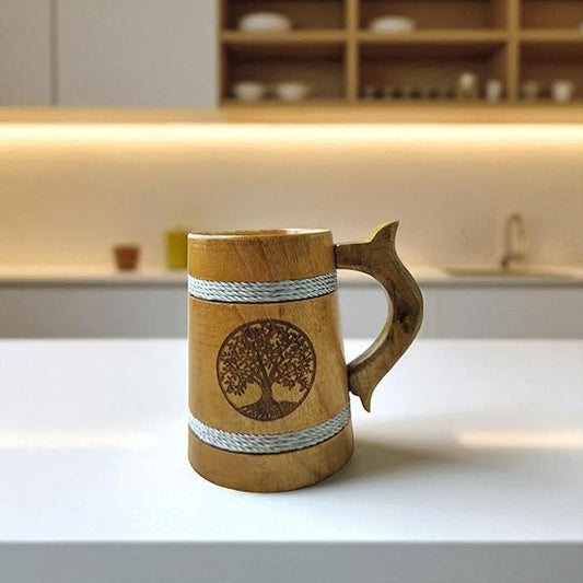 Handcrafted Wooden Mug | 5-Inch Rustic Oak Barrel Design with Tree Carving & Silver Rounds
