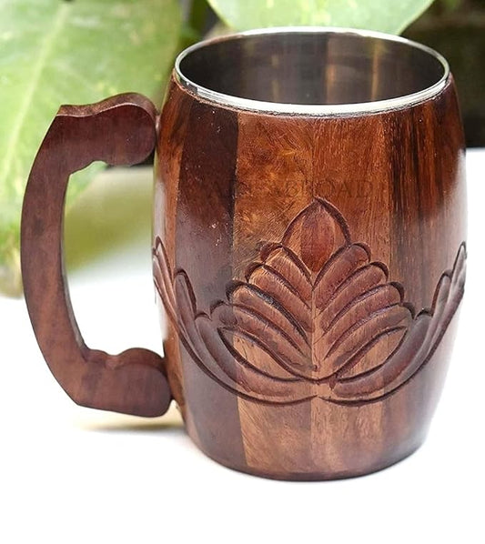 Handcrafted Wooden Beer Mug with Lotus Carving, Stainless Steel Inner Lining, Brown