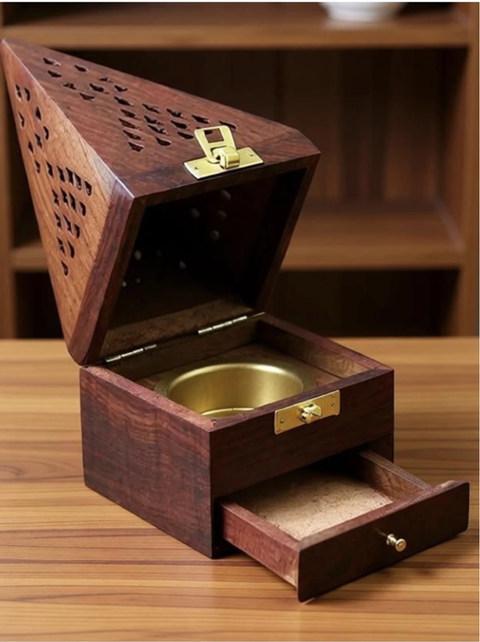DECORASIA™ Handcrafted Wooden Dhoop Dani with Brass Bowl & Storage Drawer