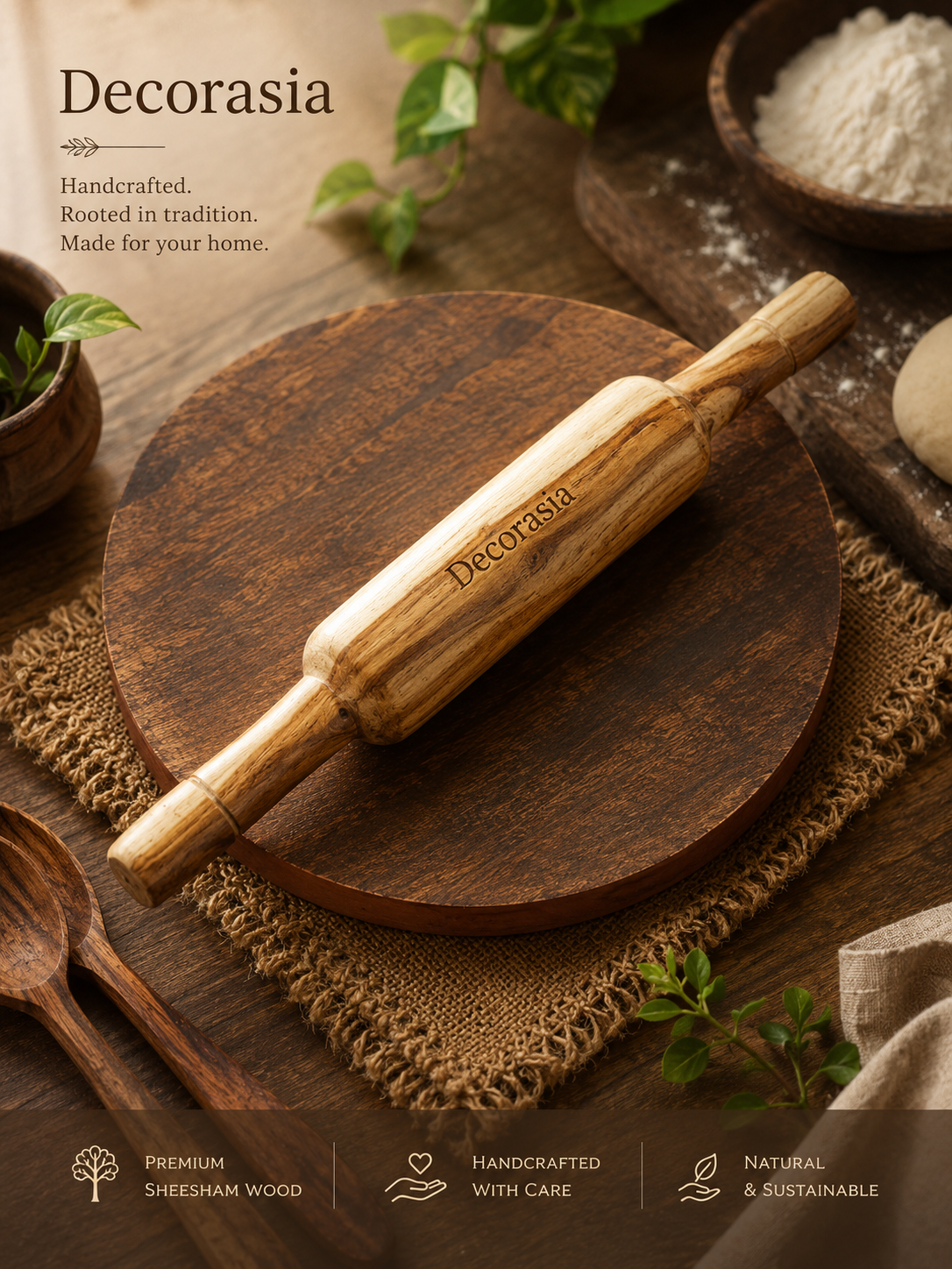 Decorasia Handmade Sheesham Wood Chakla Belan Set | Wooden Roti Maker Board & Rolling Pin