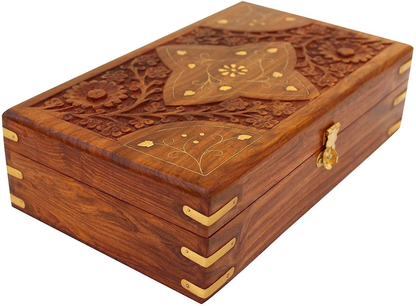 Handcrafted Sheesham Wood Jewellery Box with Floral Carving, Brass Inlay & Lock