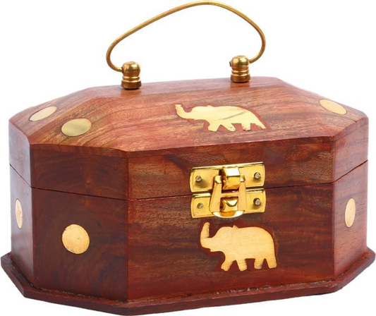 Handcrafted Sheesham Wood Jewellery Box with Brass Elephant Inlay & Handle