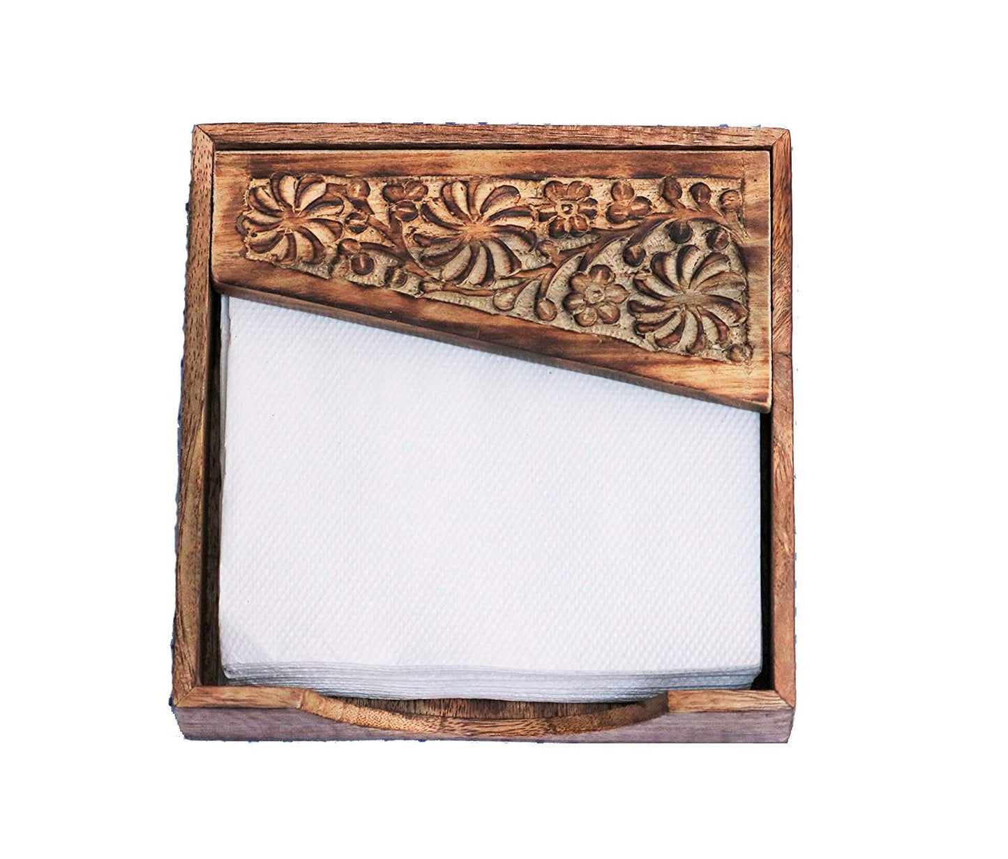 Wooden Napkin Holder With Carved Floral Design