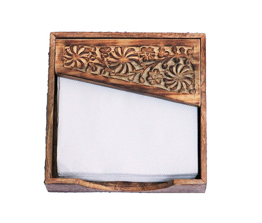 Wooden Napkin Holder With Carved Floral Design