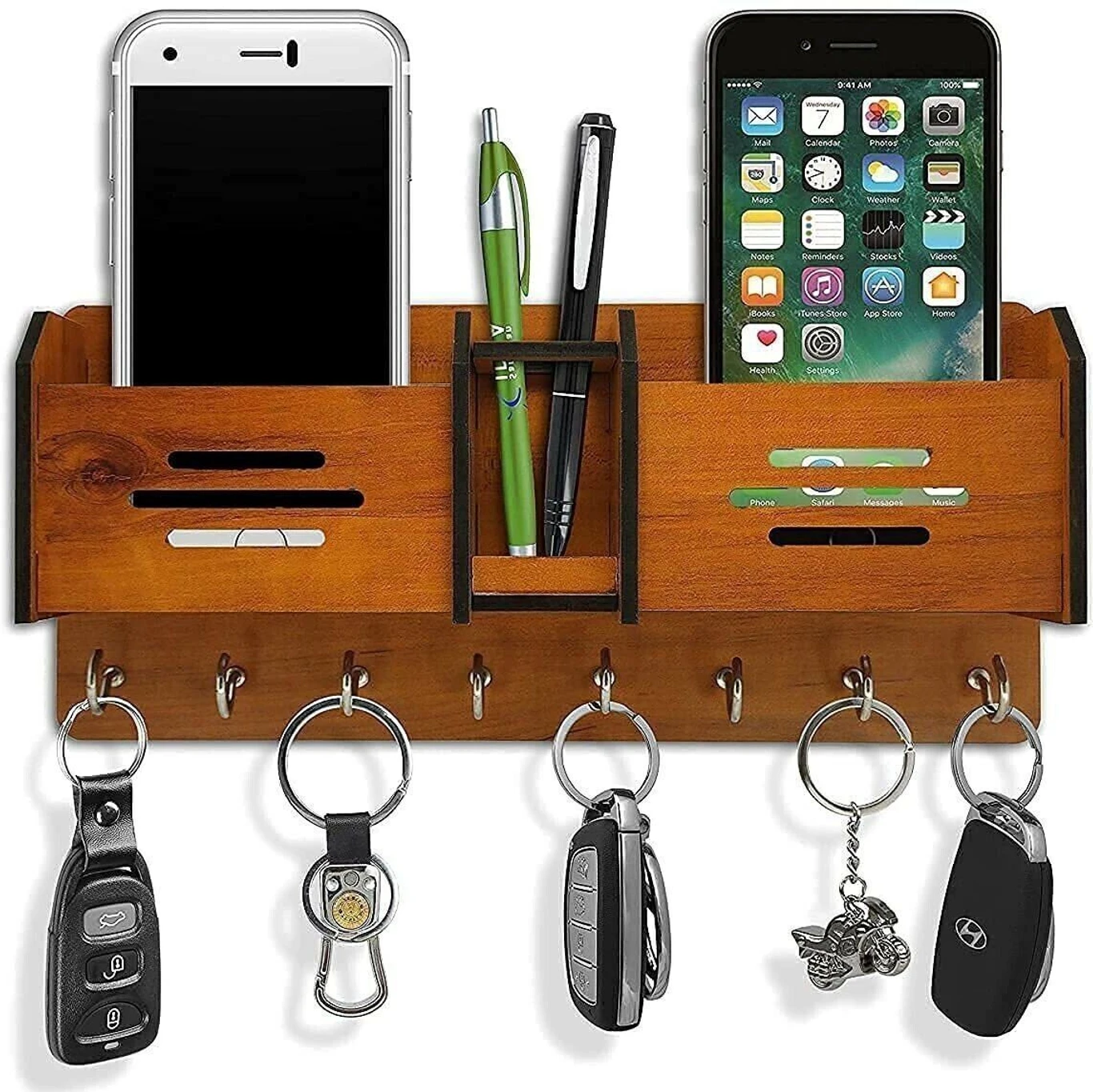 Wooden Wall Key Holder with Mobile Stand & Pen Organizer