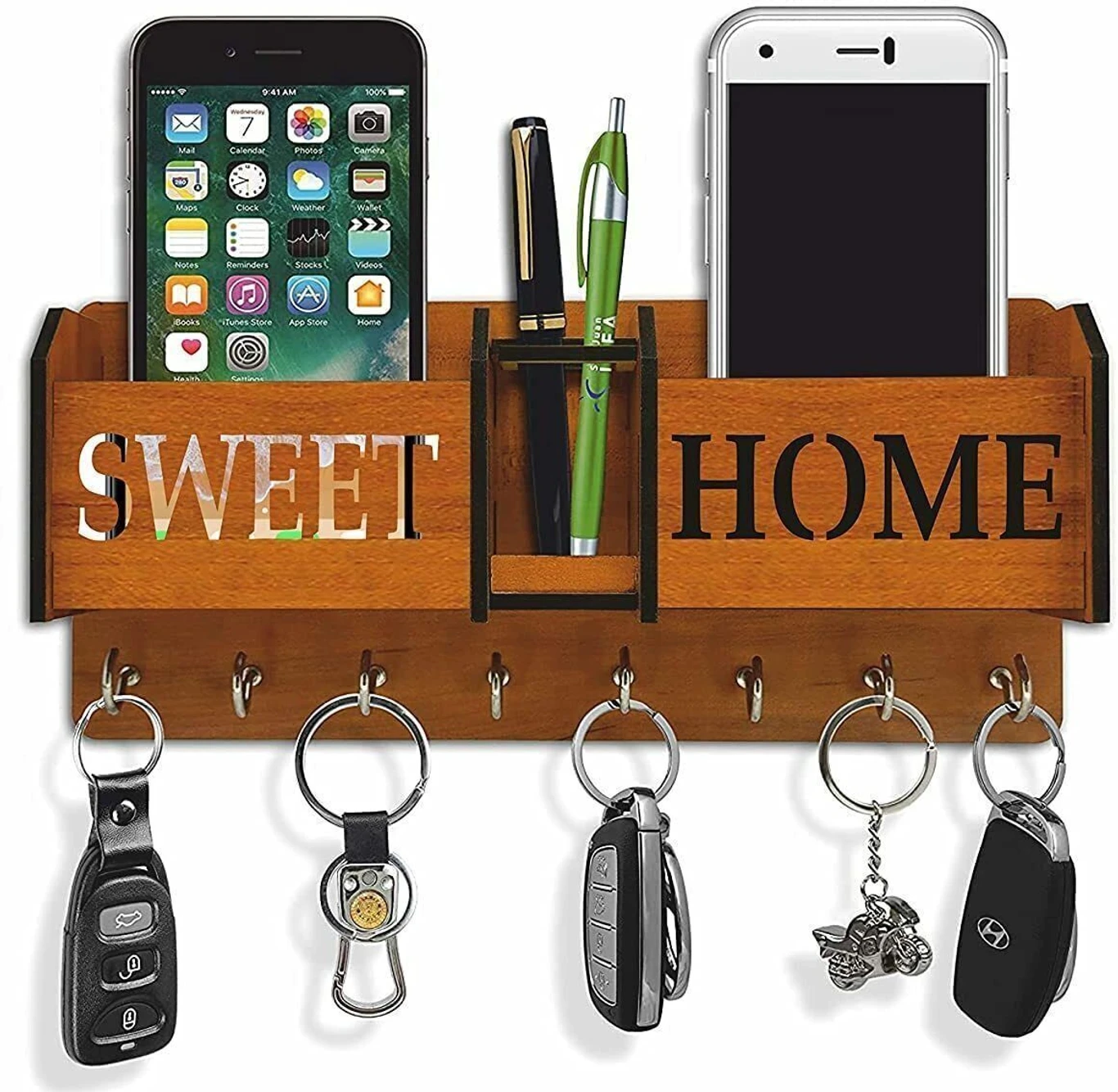 Sweet Home” Wooden Key Holder with Mobile Stand & Organizer