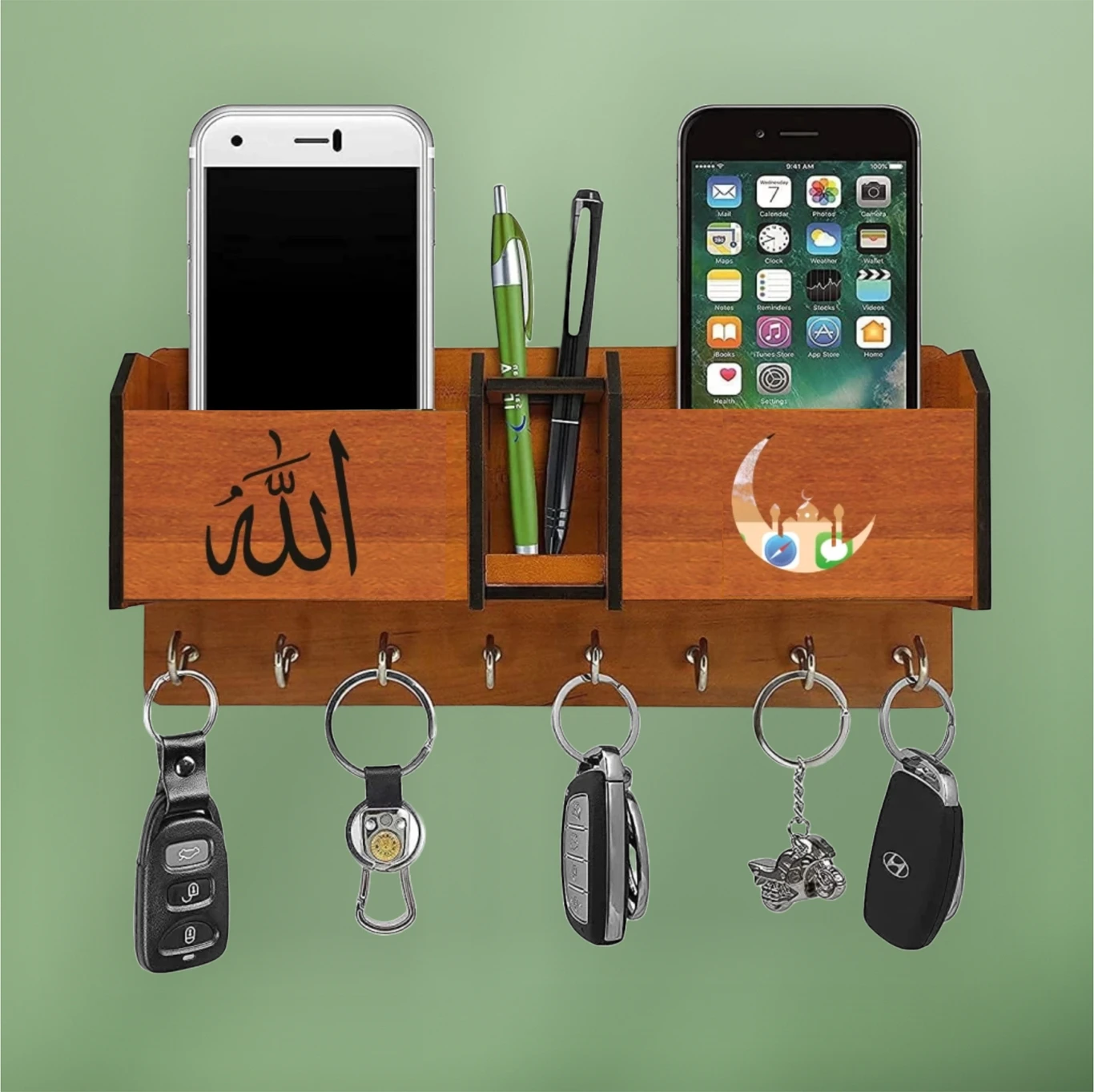 Wooden Wall Mounted Mobile & Key Holder – Multipurpose Organizer Rack