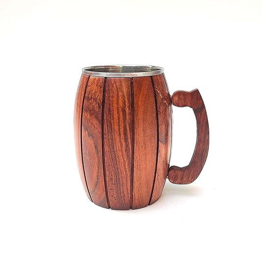 Wooden Mug, Barrel Design with Stainless Steel Interior, Handcrafted Wood Handle
