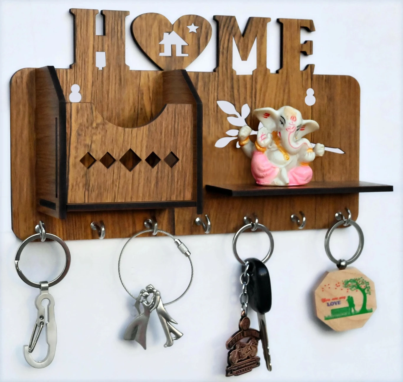 Wooden “HOME” Key Holder with Shelf & Organizer