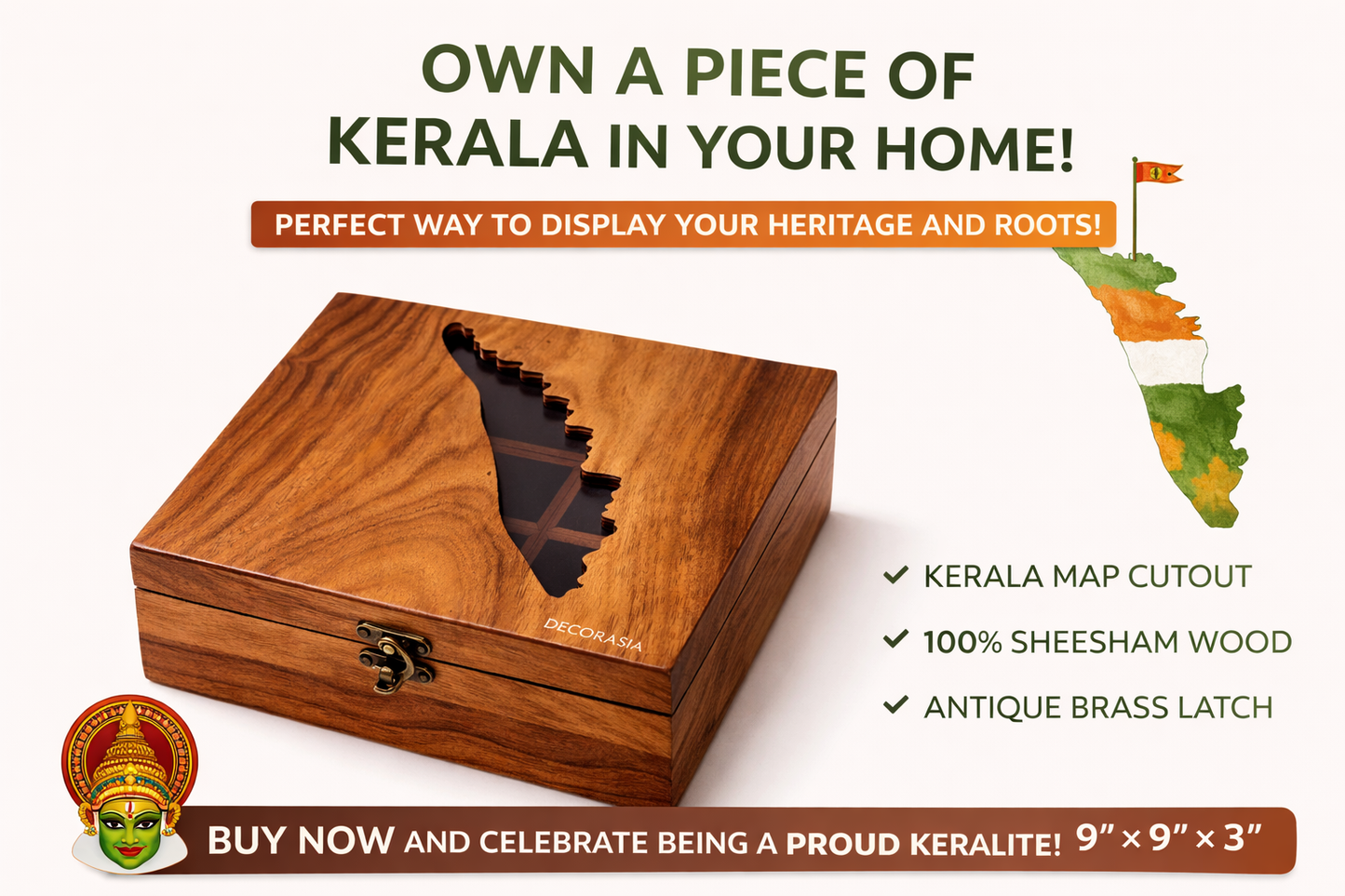 Kerala Map Sheesham Wood Masala Box | 9 Compartments with Glass Lid | Handcrafted Wooden Spice Organizer | 9x9x3 Inch