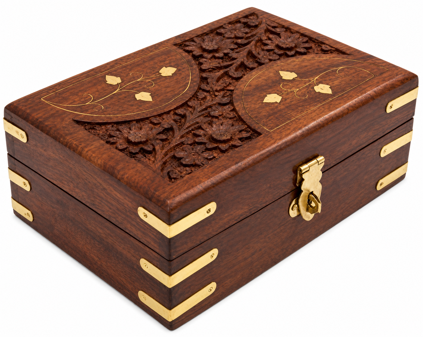 Luxury Handcrafted Sheesham Wood Jewellery Box with Floral Carving, Brass Inlay & Lock