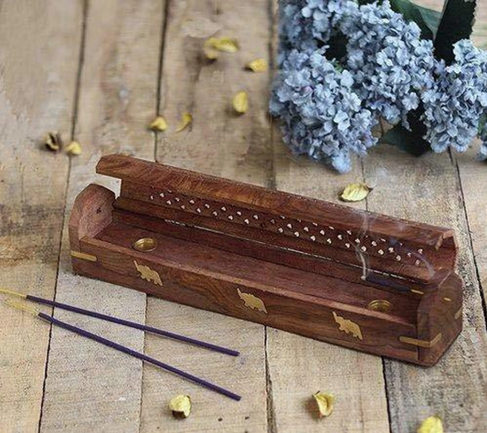 Handcrafted Wooden Incense Holder Box with Brass Inlay (Agarbatti Stand)