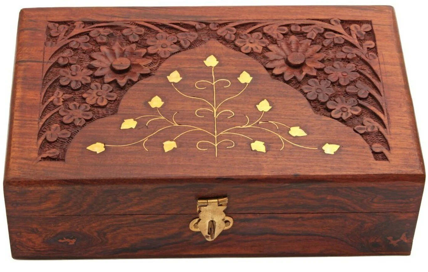 Handcrafted Sheesham Wood Carved Jewellery Box with Floral Inlay & Lock
