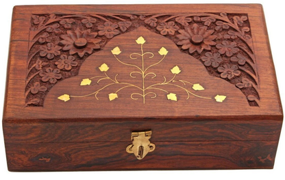 Handcrafted Sheesham Wood Carved Jewellery Box with Floral Inlay & Lock