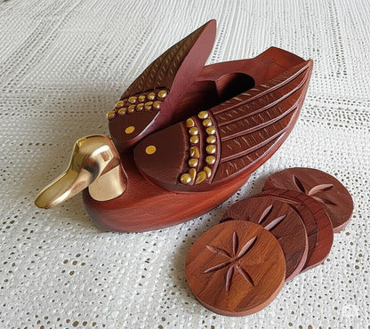Handcrafted Wooden Duck Coaster Set, Brown with Gold Accents, Decorative Swan Holder with 4 Carved Coasters