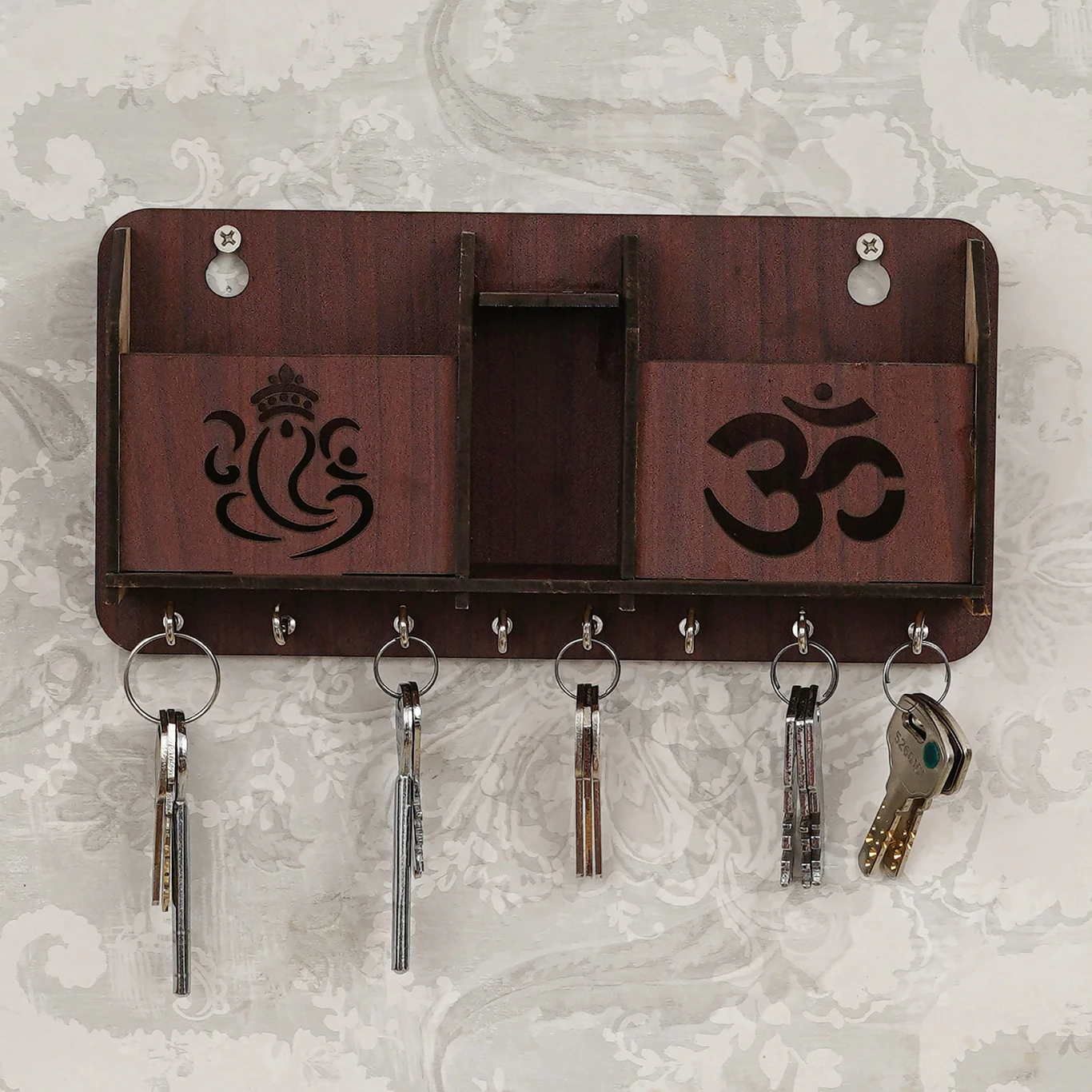 Wooden Key Holder with Ganesh & Om Design – Wall Organizer with Hooks