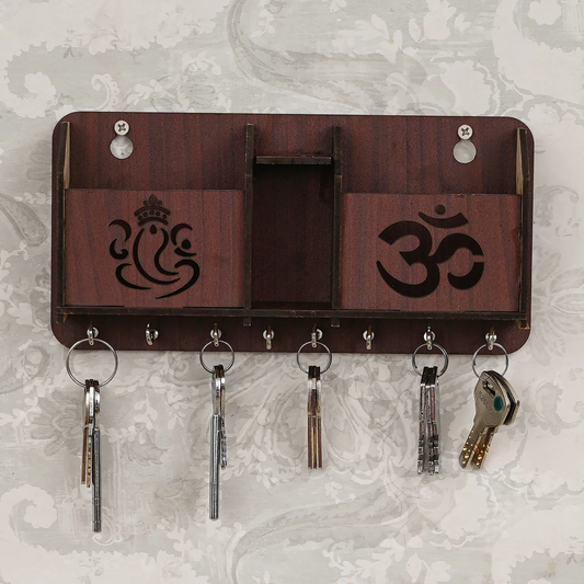 Wooden Key Holder with Ganesh & Om Design – Wall Organizer with Hooks