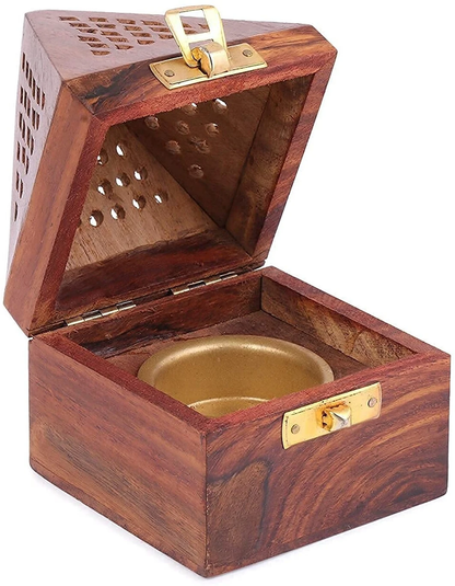 DECORASIA™ Pyramid Wooden Dhoop Dani with Brass Lock (Handcrafted Incense Burner)