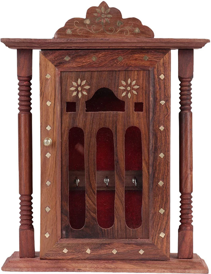 Wooden Handcrafted Key Holder Cabinet – Sheesham Wood Wall Mounted Key Organizer