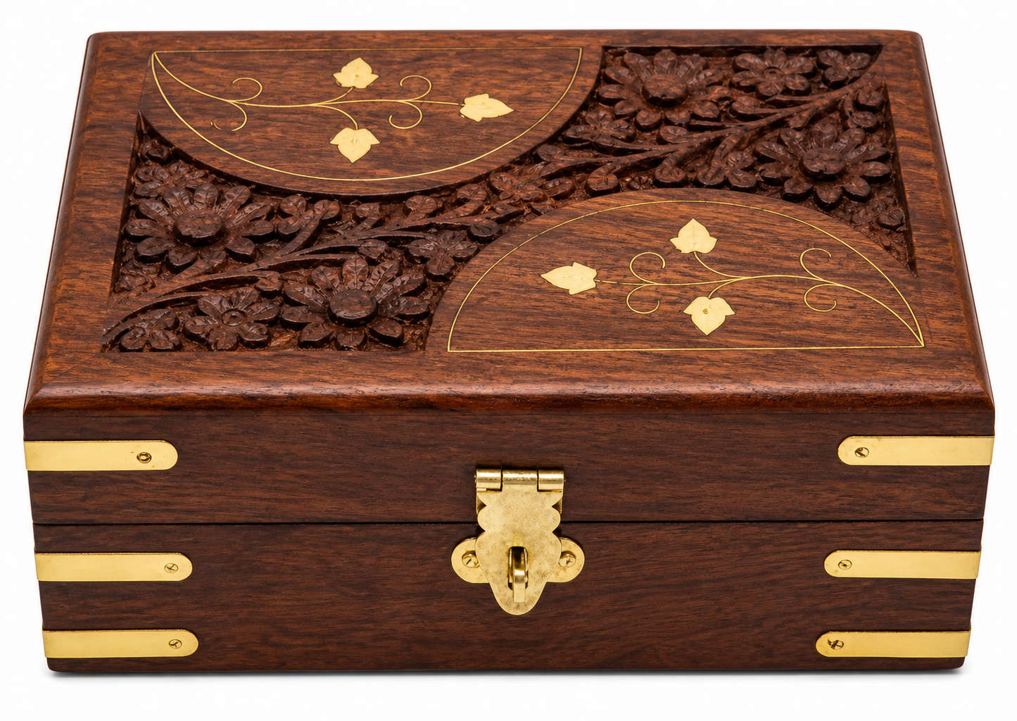 Luxury Handcrafted Sheesham Wood Jewellery Box with Floral Carving, Brass Inlay & Lock