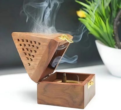 DECORASIA™ Pyramid Wooden Dhoop Dani (Handcrafted Incense Burner with Lock)