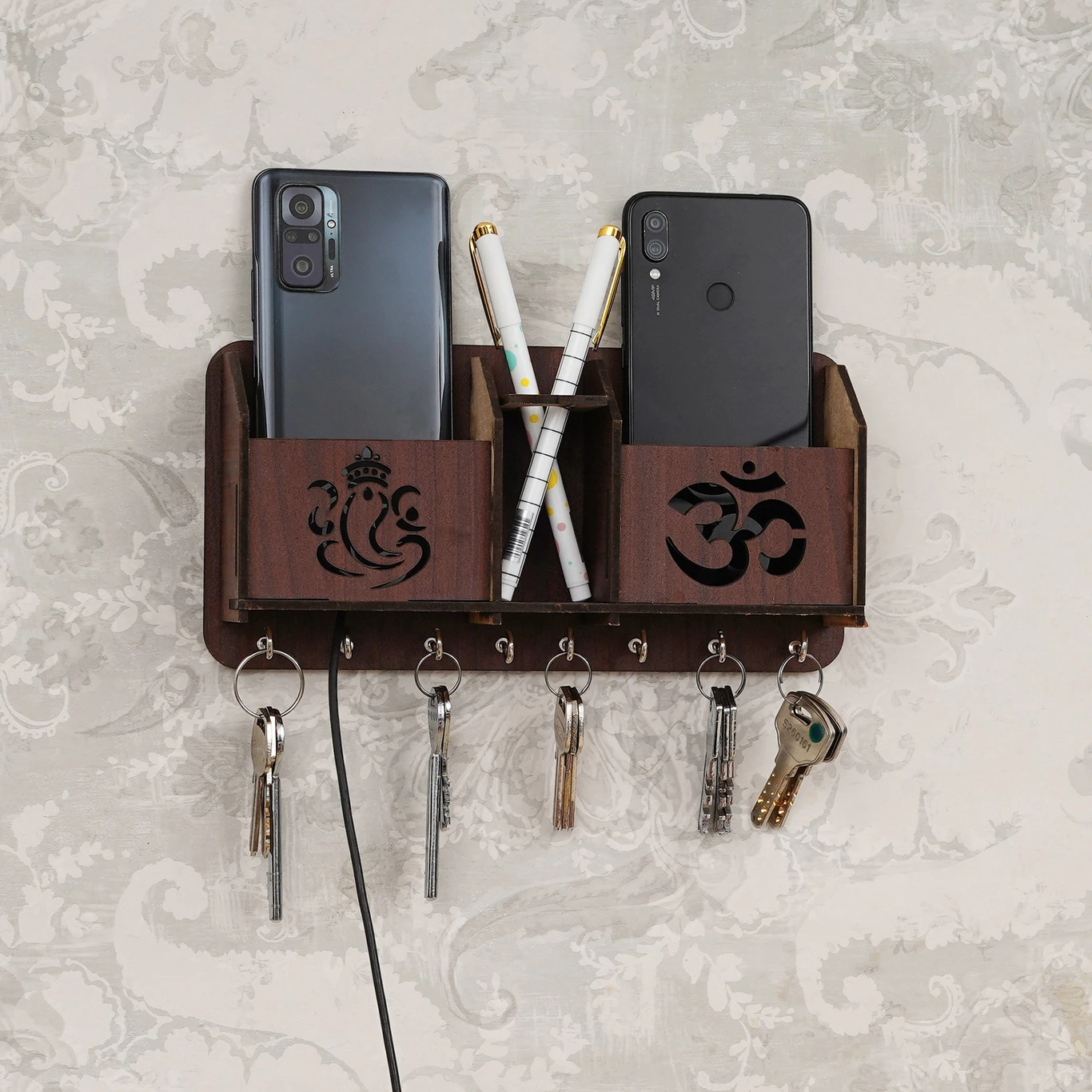 Wooden Key Holder with Ganesh & Om Design – Wall Organizer with Hooks