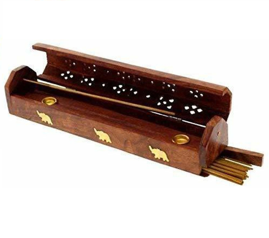Handcrafted Wooden Incense Holder Box with Brass Inlay (Agarbatti Stand)