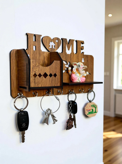Wooden “HOME” Key Holder with Shelf & Organizer