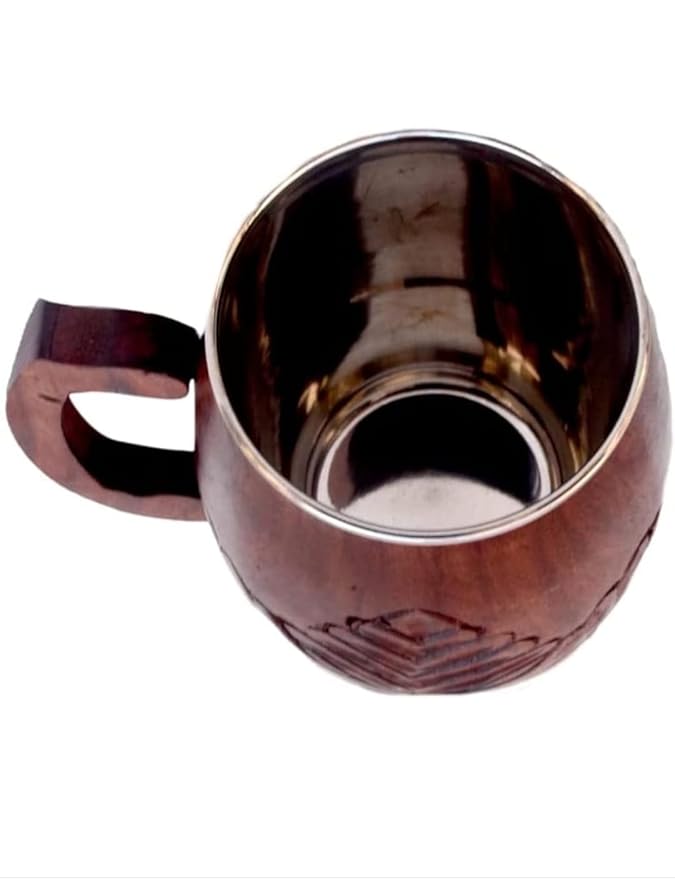 Handcrafted Wooden Beer Mug with Lotus Carving, Stainless Steel Inner Lining, Brown