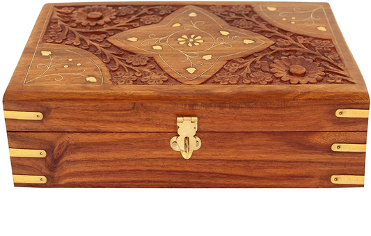Handcrafted Sheesham Wood Jewellery Box with Floral Carving, Brass Inlay & Lock