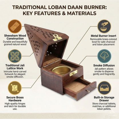 DECORASIA™ Handcrafted Wooden Dhoop Dani with Brass Bowl & Storage Drawer