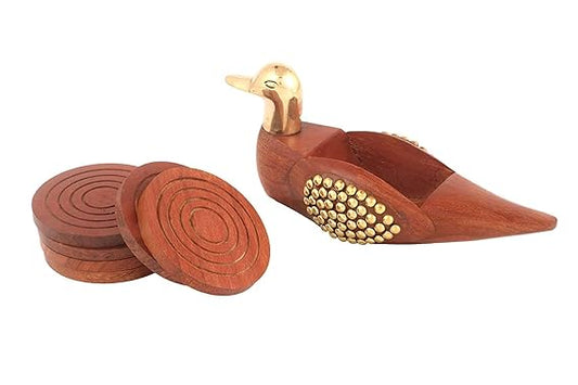 Wooden Duck Tea Coaster Set with Brass Work