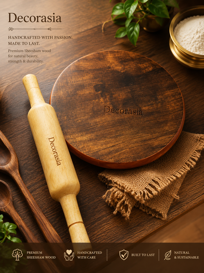 Decorasia Handmade Sheesham Wood Chakla Belan Set | Wooden Roti Maker Board & Rolling Pin