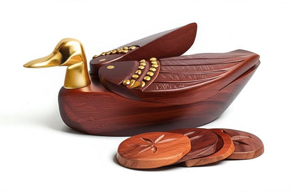 Handcrafted Wooden Duck Coaster Set, Brown with Gold Accents, Decorative Swan Holder with 4 Carved Coasters