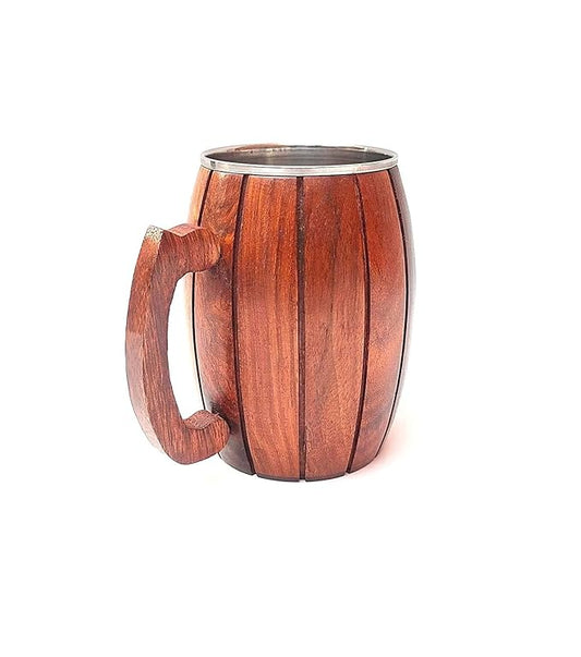 Wooden Mug, Barrel Design with Stainless Steel Interior, Handcrafted Wood Handle