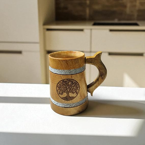 Handcrafted Wooden Mug | 5-Inch Rustic Oak Barrel Design with Tree Carving & Silver Rounds