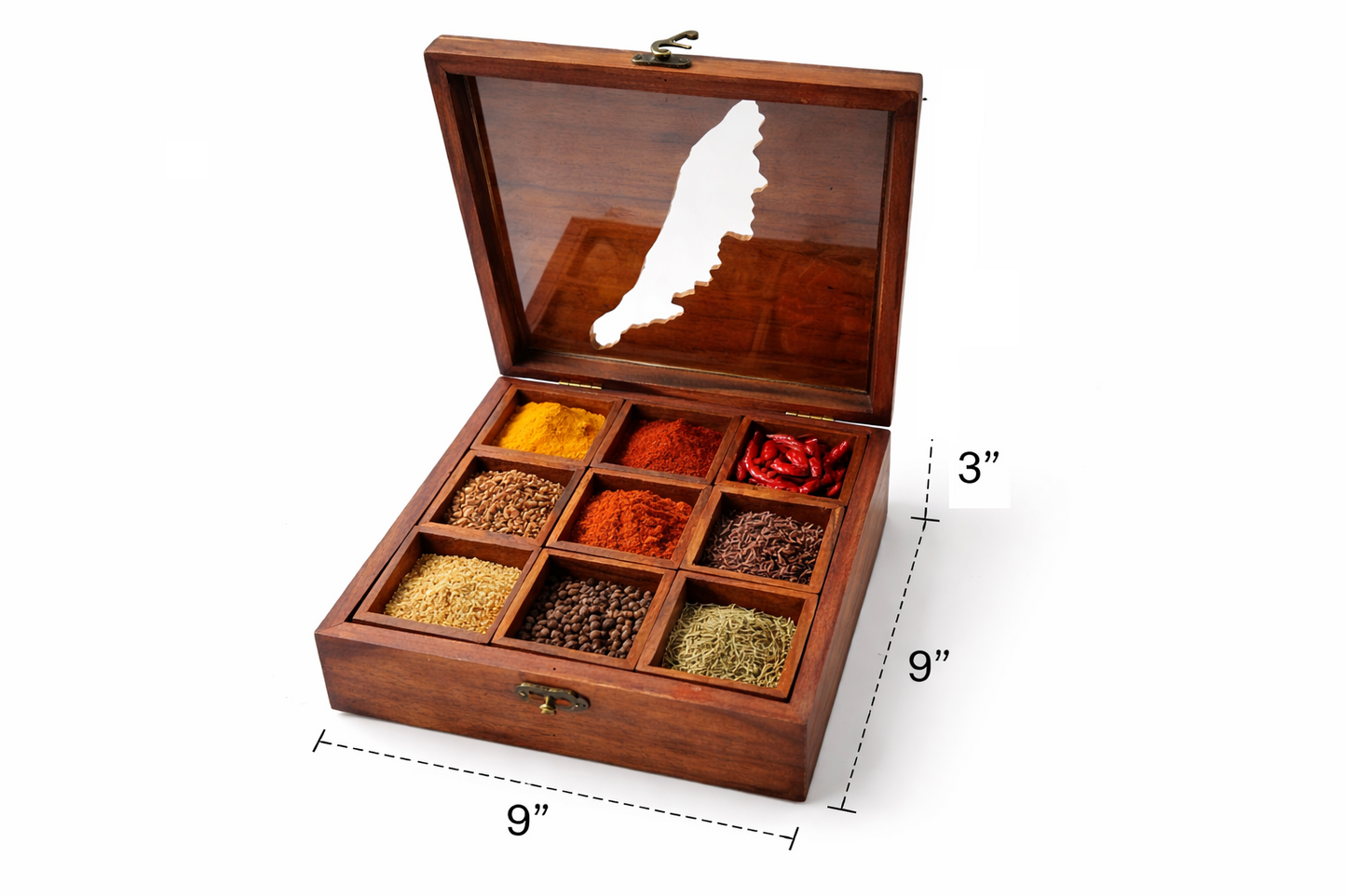 Kerala Map Sheesham Wood Masala Box | 9 Compartments with Glass Lid | Handcrafted Wooden Spice Organizer | 9x9x3 Inch
