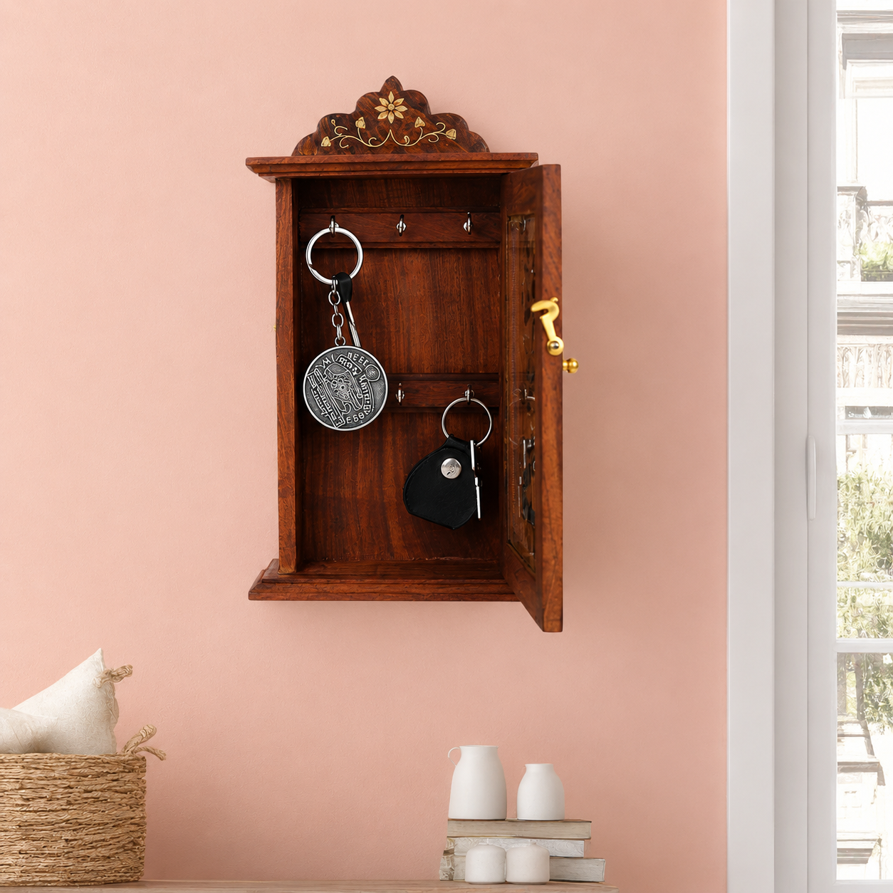 Handcrafted Wooden Wall Cabinet with Artistic Cutwork – Sheesham Wood Decorative Organizer