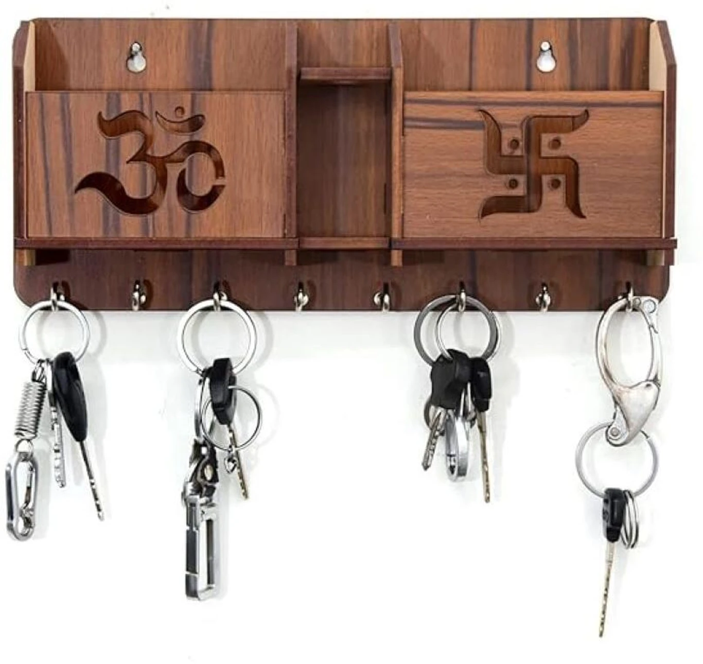Wooden Key Holder with Om & Swastik Design – Wall Organizer with Shelf